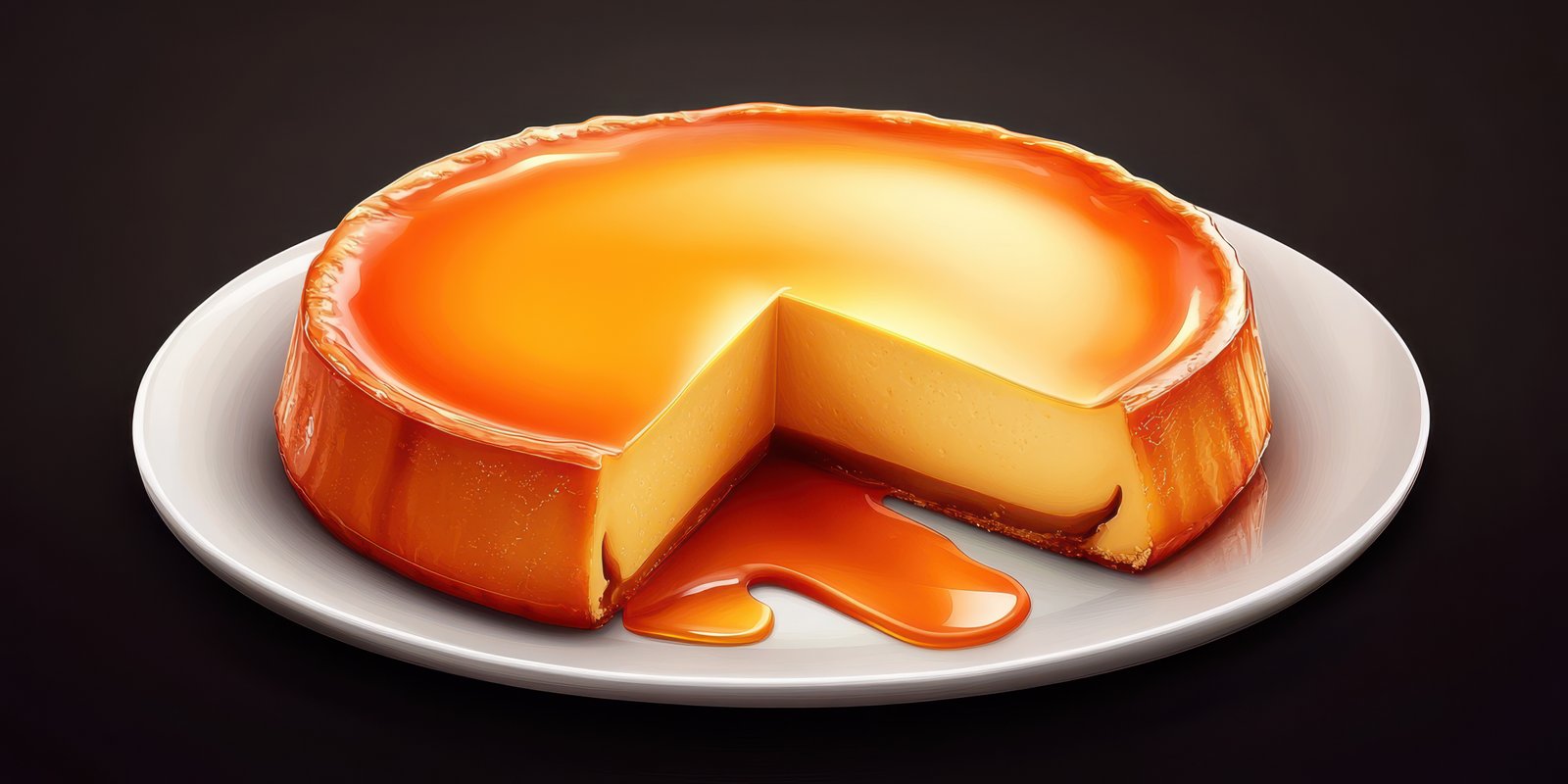 Delicious caramel flan dessert served on a plate with a slice removed and caramel sauce oozing out